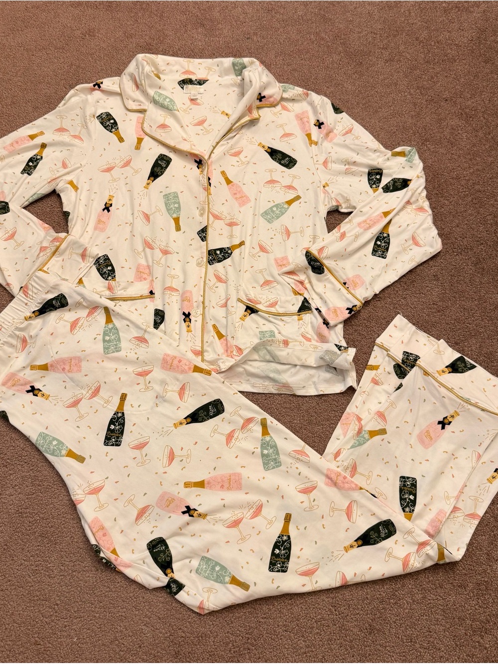 Champagne Bottle Print Pajama Set - Pink, Mint & Black